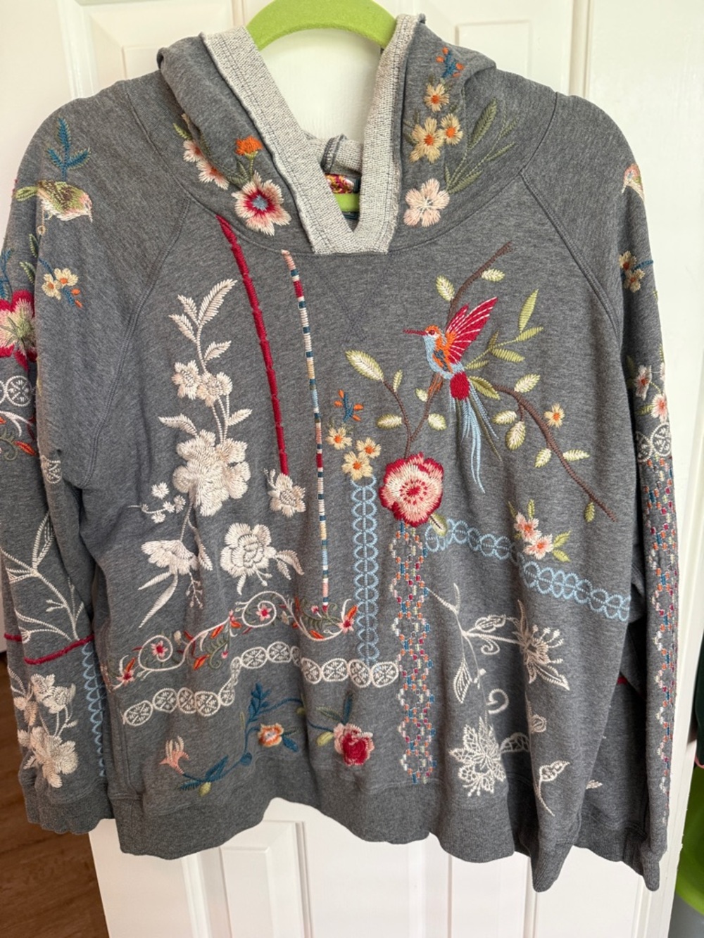 Johnny Was Gray Hoodie with Multicolor Floral & Bird Embroidery